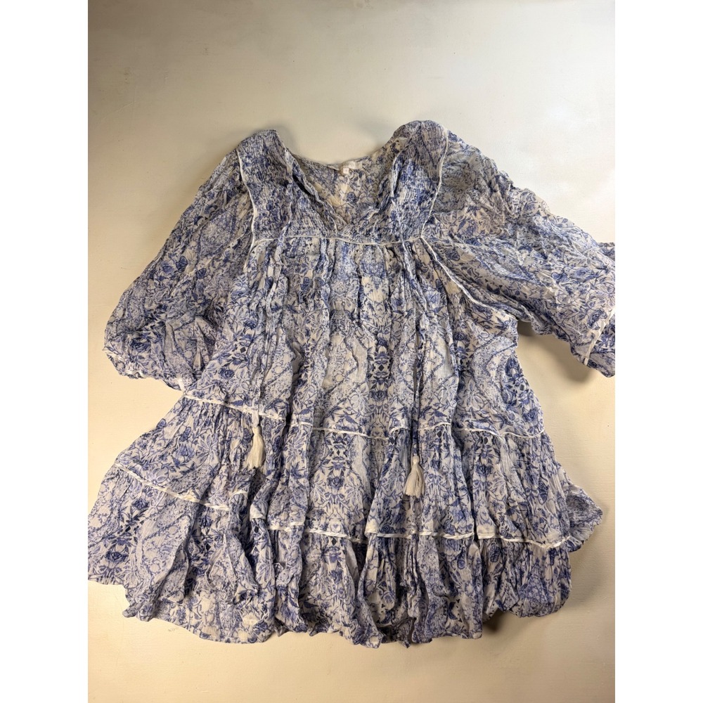 Olivaceous Mini Dress Women Small Blue Excellent Boho Tiered Floral Tassel